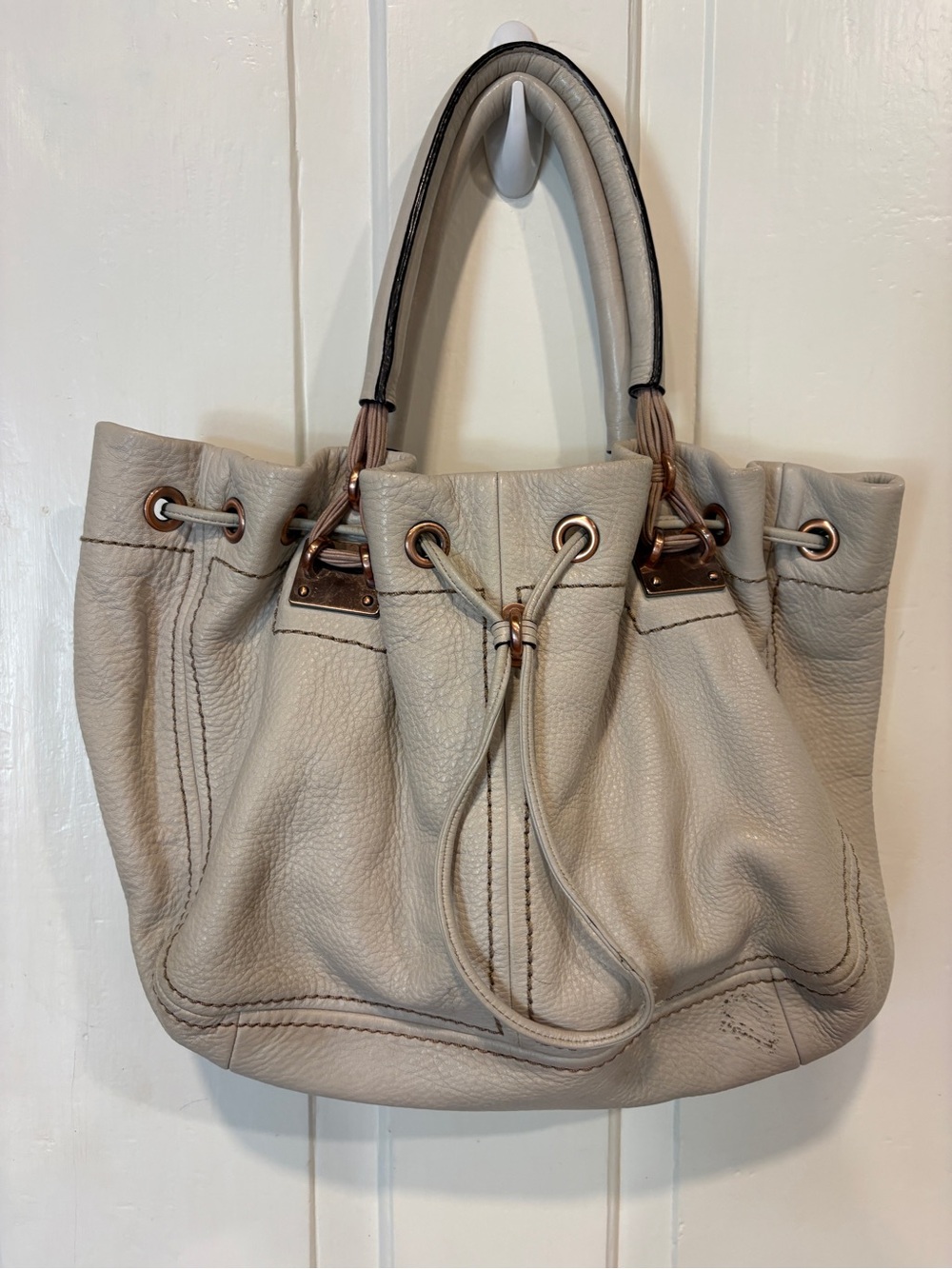 Jessica Simpson Light Bone Color Pebbled Leather Drawstring Shoulder Bag